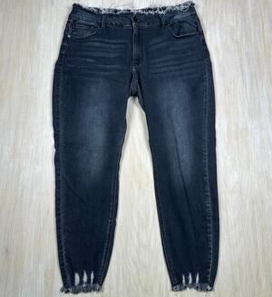 Kancan Black Distressed High Rise Skinny Edgy Raw Frayed Waist Denim Jeans 18
